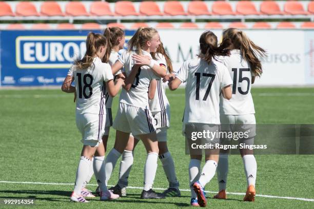Germany players celebrate scoring a goal during the International Friendly game between Germany U16 Girl's v Iceland U16 Girl's - Nordic Cup on July...