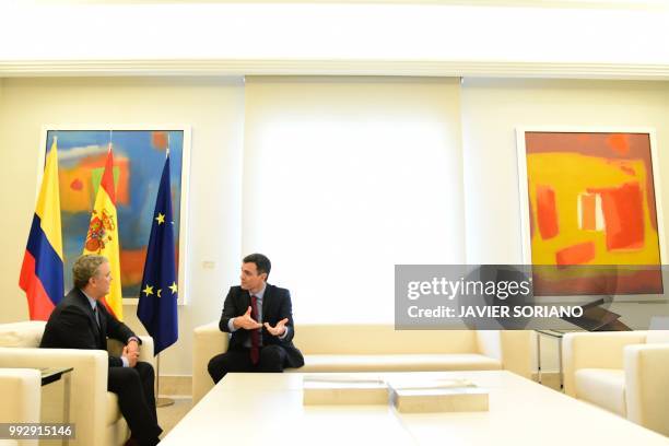 Spanish Prime Minister Pedro Sanchez meets with Colombian president-elect Ivan Duque on July 6, 2018 at the Moncloa Palace in Madrid.