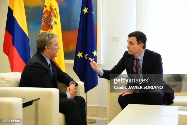 Spanish Prime Minister Pedro Sanchez meets with Colombian president-elect Ivan Duque on July 6, 2018 at the Moncloa Palace in Madrid.