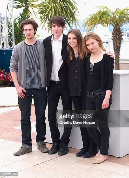 Actors Aaron Johnson, Matthew Beard, Hannah Murray and Imogen Poots attend the 'Chatroom' Photocall at the Palais des Festivals during the 63rd...