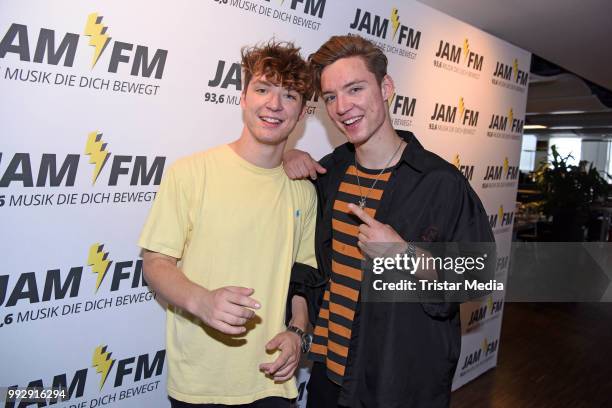 Roman Lochmann and Heiko Lochmann of Die Lochis pose before their JAM FM radio concert at JAM FM radio station at Kurfuerstendamm on July 6, 2018 in...