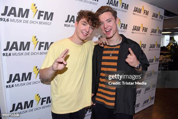 Roman Lochmann and Heiko Lochmann of Die Lochis pose before their JAM FM radio concert at JAM FM radio station at Kurfuerstendamm on July 6, 2018 in...