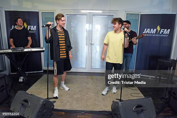 Roman Lochmann and Heiko Lochmann of Die Lochis perform live the JAM FM radio concert at JAM FM radio station at Kurfuerstendamm on July 6, 2018 in...