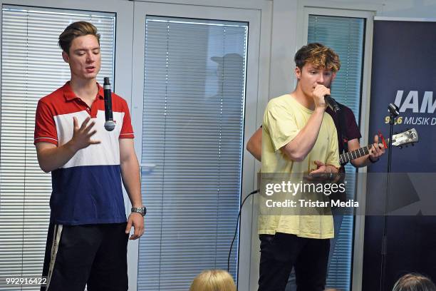 Roman Lochmann and Heiko Lochmann of Die Lochis perform live the JAM FM radio concert at JAM FM radio station at Kurfuerstendamm on July 6, 2018 in...