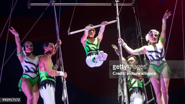 Year-old trapeze artist Joaquim Zuniga performs his show for the public for the first time at a Circus Krone presentation at the Cannstatter Wasen in...
