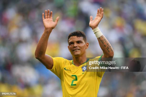 Thiago Silva of Brazil acknowledges the crowd at the end of the 2018 FIFA World Cup Russia Round of 16 match between Brazil and Mexico at Samara...