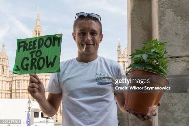 Protester holds a marijuana plant and a placard with 'Freedom To Grow' slogan while smoking cannabis during a rally for the legalisation of medical...