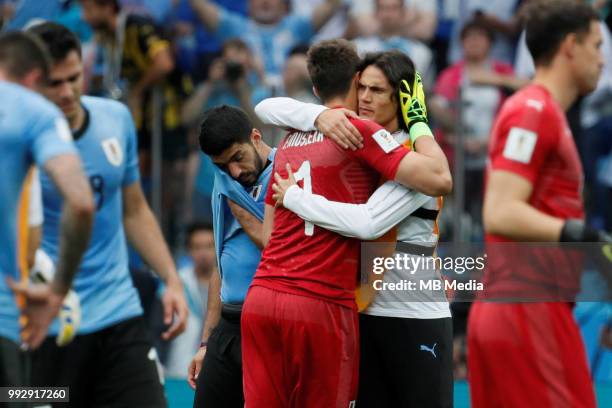 Luis Suarez, Fernando Muslera and Edinson Cavani of Uruguay national team after the 2018 FIFA World Cup Russia Quarter Final match between Uruguay...