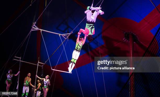 Year-old trapeze artist Joaquim Zuniga performs his show for the public for the first time at a Circus Krone presentation at the Cannstatter Wasen in...