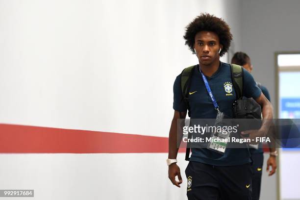Willian of Brazil arrives at the stadium prior to the 2018 FIFA World Cup Russia Quarter Final match between Brazil and Belgium at Kazan Arena on...