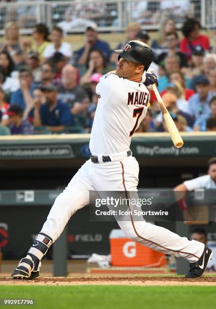 Minnesota Twins First base Joe Mauer at the end of his swing during a MLB game between the Minnesota Twins and Baltimore Orioles on July 5, 2018 at...