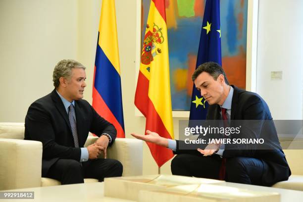 Spanish Prime Minister Pedro Sanchez meets with Colombian president-elect Ivan Duque on July 6, 2018 at the Moncloa Palace in Madrid.