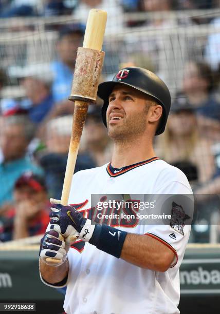 Minnesota Twins First base Joe Mauer in the on-deck circle during a MLB game between the Minnesota Twins and Baltimore Orioles on July 5, 2018 at...