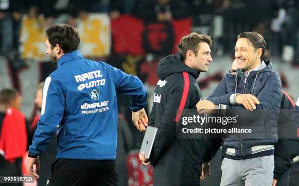 Mainz manager Sandro Schwarz with his Frankfurt counterpart Niko Kovac during the German Bundesliga football match between FSV Mainz 05 and Eintracht...