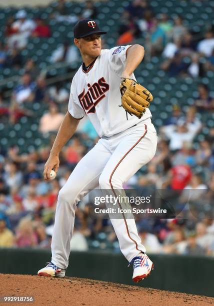 Minnesota Twins Pitcher Aaron Slegers delivers a pitch during a MLB game between the Minnesota Twins and Baltimore Orioles on July 5, 2018 at Target...