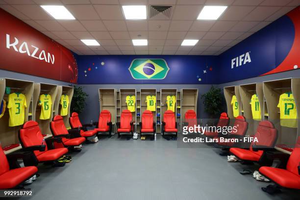 General view inside the Brazil dressing room prior to the 2018 FIFA World Cup Russia Quarter Final match between Brazil and Belgium at Kazan Arena on...