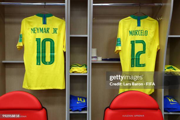 Neymar Jr and Marcelo's shirts hang inside the Brazil dressing room prior to the 2018 FIFA World Cup Russia Quarter Final match between Brazil and...