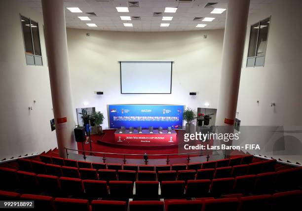 General view inside the press conference room prior to the 2018 FIFA World Cup Russia Quarter Final match between Brazil and Belgium at Kazan Arena...