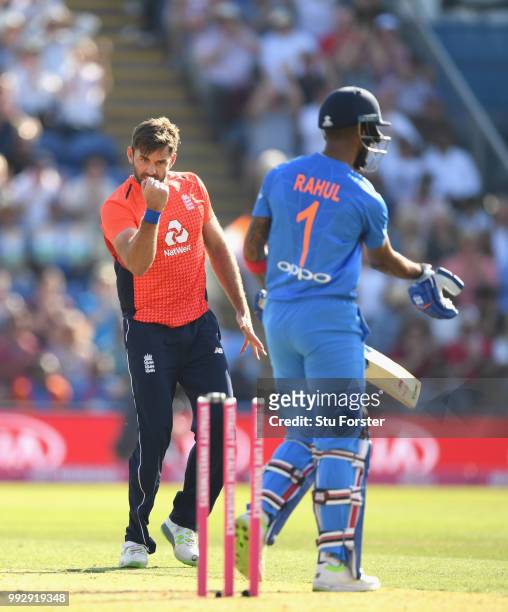 England bowler Liam Plunkett celebrates after bowling India batsman K.L. Rahul during the 2nd Vitality T20 International between England and India at...