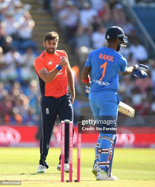 England bowler Liam Plunkett celebrates after bowling India batsman K.L. Rahul during the 2nd Vitality T20 International between England and India at...