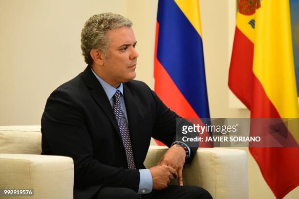 Colombian president-elect Ivan Duque meets with Spanish Prime Minister Pedro Sanchez on July 6, 2018 at the Moncloa Palace in Madrid.