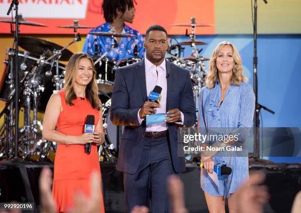 Ginger Zee, Michael Strahan and Lara Spencer attend ABC's "Good Morning America" at Rumsey Playfield, Central Park on July 6, 2018 in New York City.