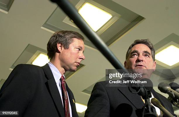 Congressman W.J. Tauzin, R-3-LA, addresses the press with Fred Upton, R-6-MI, after a meeting with Ford's CEO Jacques Nasser.