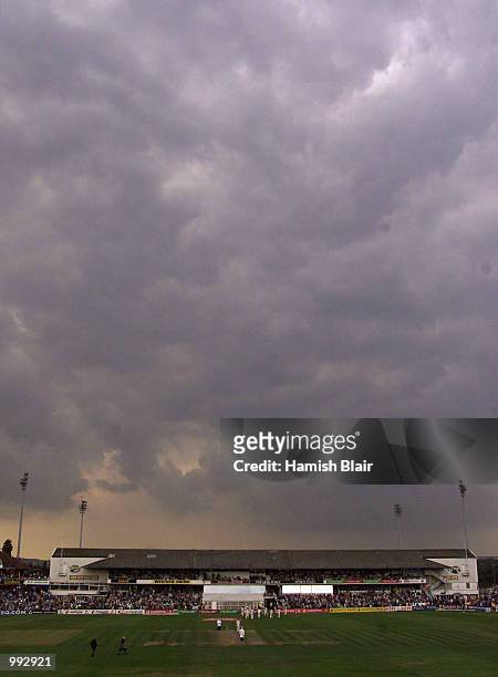 Dark clouds close in as play is halted due to bad light, during day three of the fourth test between England and Australia at Headingley, Leeds,...