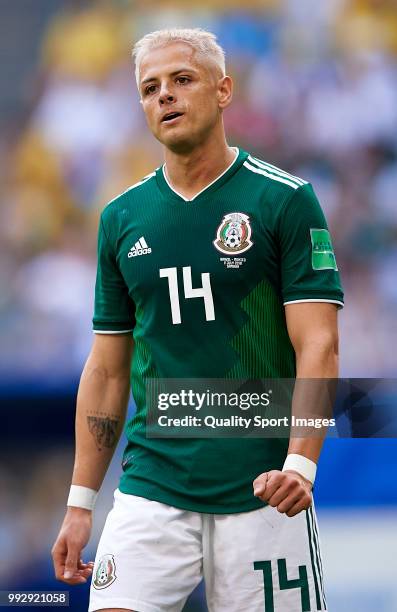 Javier Hernandez of Mexico reacts during the 2018 FIFA World Cup Russia Round of 16 match between Brazil and Mexico at Samara Arena on July 2, 2018...