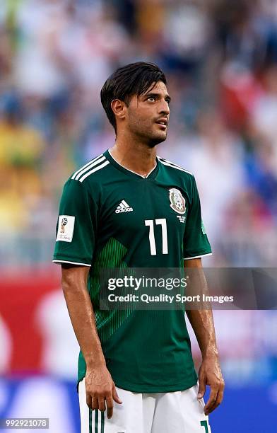 Carlos Vela of Mexico reacts during the 2018 FIFA World Cup Russia Round of 16 match between Brazil and Mexico at Samara Arena on July 2, 2018 in...