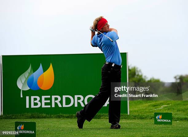 Pelle Edberg of Sweden plays his tee shot on the 17th hole during the second round of the Open Cala Millor Mallorca at Pula golf club on May 14, 2010...