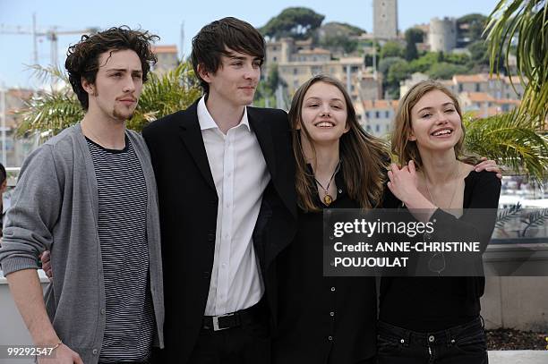 British actor Aaron Johnson, British actor Matthew Beard, British actress Hannah Murray and British actress Imogen Poots pose during the photocall of...