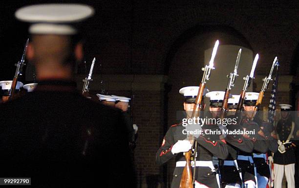 Marine3/71802- The drill team at the evening parade at the Marine Barracks. Sen. Tom Daschle, D- SD, was the guest of honor for the evening.