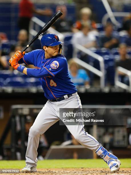 Wilmer Flores of the New York Mets in action against the Miami Marlins at Marlins Park on June 29, 2018 in Miami, Florida.