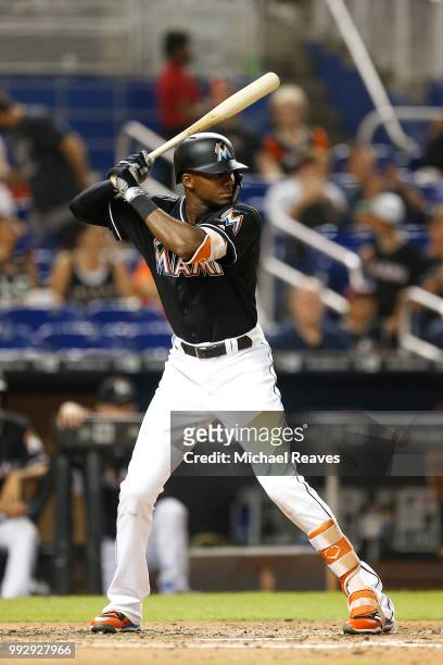 Lewis Brinson of the Miami Marlins in action against the New York Mets at Marlins Park on June 29, 2018 in Miami, Florida.