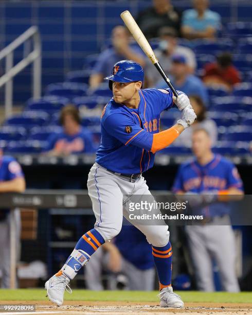 Michael Conforto of the New York Mets in action against the Miami Marlins at Marlins Park on June 29, 2018 in Miami, Florida.