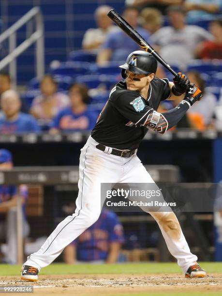 Derek Dietrich of the Miami Marlins in action against the New York Mets at Marlins Park on June 29, 2018 in Miami, Florida.