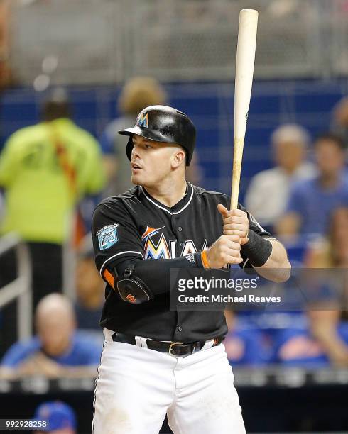 Justin Bour of the Miami Marlins in action against the New York Mets at Marlins Park on June 29, 2018 in Miami, Florida.