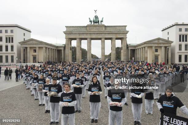 Animal rights activists from the group Animal Equality hold dead animals in their hands during a silent protest in front of the Brandenburg Gate in...