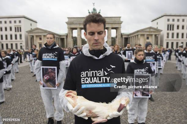 Animal rights activists from the group Animal Equality hold dead animals in their hands during a silent protest in front of the Brandenburg Gate in...