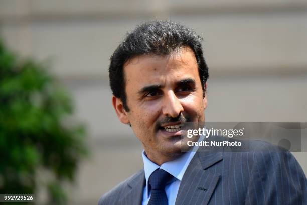 The President of the French Republic, Emmanuel Macron receives Sheikh Tamim bin Hamad Al Thani, Emir of the State of Qatar at the Elysée Palace, in...