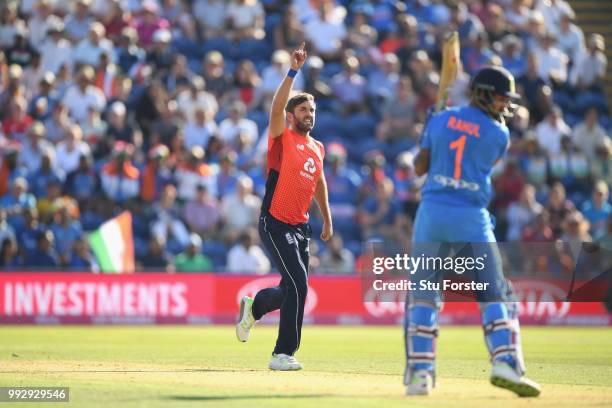 England bowler Liam Plunkett celebrates after bowling India batsman K.L. Rahul during the 2nd Vitality T20 International between England and India at...