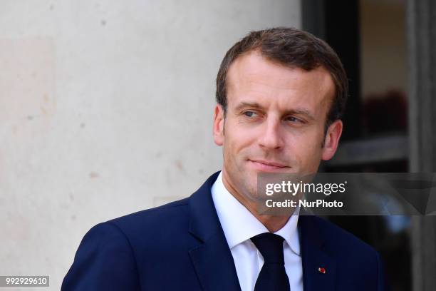 The President of the French Republic, Emmanuel Macron receives Sheikh Tamim bin Hamad Al Thani, Emir of the State of Qatar at the Elysée Palace, in...