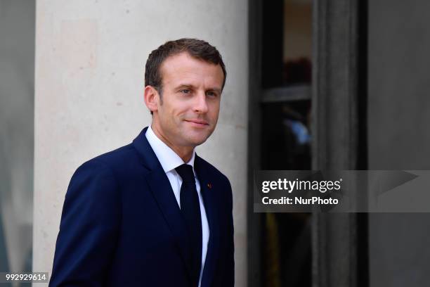 The President of the French Republic, Emmanuel Macron receives Sheikh Tamim bin Hamad Al Thani, Emir of the State of Qatar at the Elysée Palace, in...