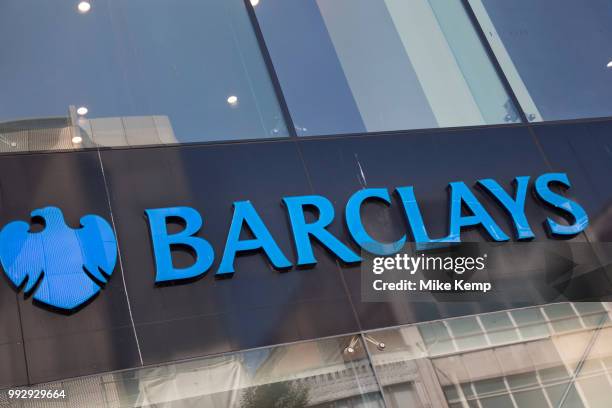 Sign for the brand and high street bank Barclays in Birmingham, United Kingdom.