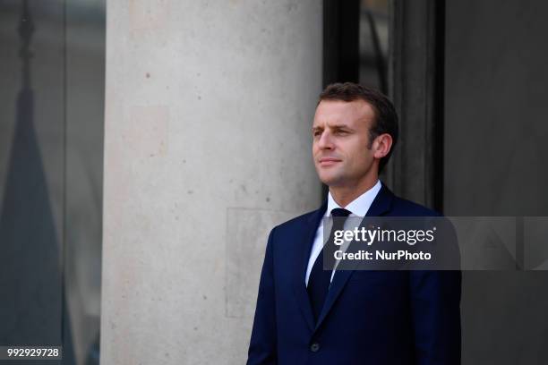 The President of the French Republic, Emmanuel Macron receives Sheikh Tamim bin Hamad Al Thani, Emir of the State of Qatar at the Elysée Palace, in...