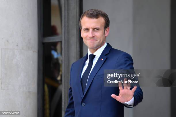 The President of the French Republic, Emmanuel Macron receives Sheikh Tamim bin Hamad Al Thani, Emir of the State of Qatar at the Elysée Palace, in...