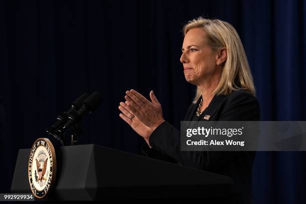 Homeland Security Secretary Kirstjen Nielsen speaks during a visit to the U.S. Immigration and Customs Enforcement agency headquarters on July 6,...