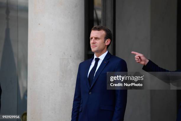 The President of the French Republic, Emmanuel Macron receives Sheikh Tamim bin Hamad Al Thani, Emir of the State of Qatar at the Elysée Palace, in...