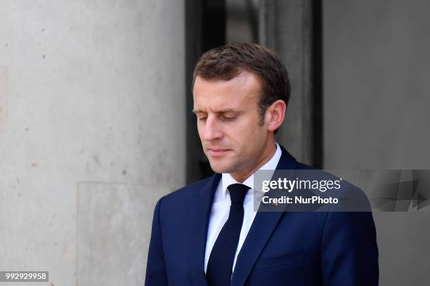 The President of the French Republic, Emmanuel Macron receives Sheikh Tamim bin Hamad Al Thani, Emir of the State of Qatar at the Elysée Palace, in...